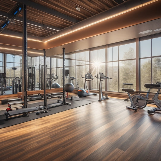 A modern, well-lit gym room with multiple floor-to-ceiling mirrors, reflecting rows of sleek exercise equipment, free weights, and a few athletes mid-workout, surrounded by polished wood flooring and chrome accents.