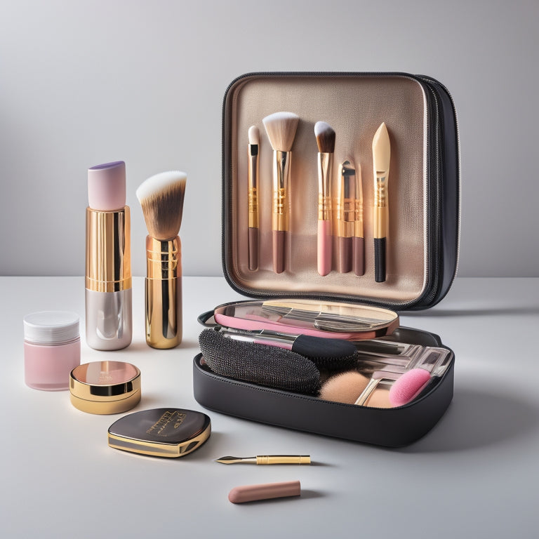 A clutter-free, sleek makeup case with a mix of essential tools, such as a variety of brushes, a palette, lip liners, and a mirror, arranged artfully against a neutral-colored background.