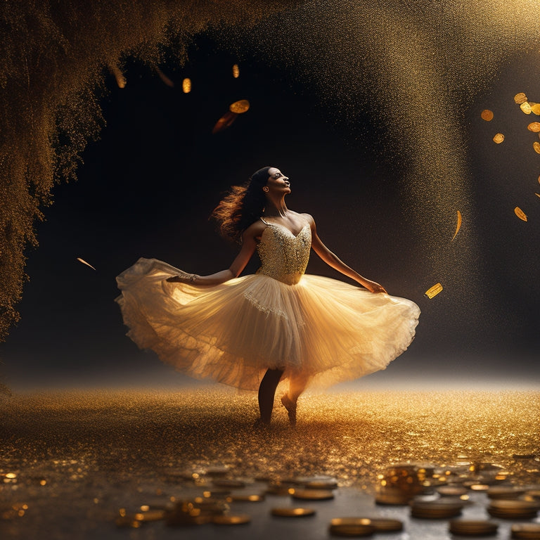 A serene, golden-lit background with a dancer's silhouette in a powerful pose, surrounded by scattered coins, flowers, and a subtle, shimmering aura, conveying freedom and success.