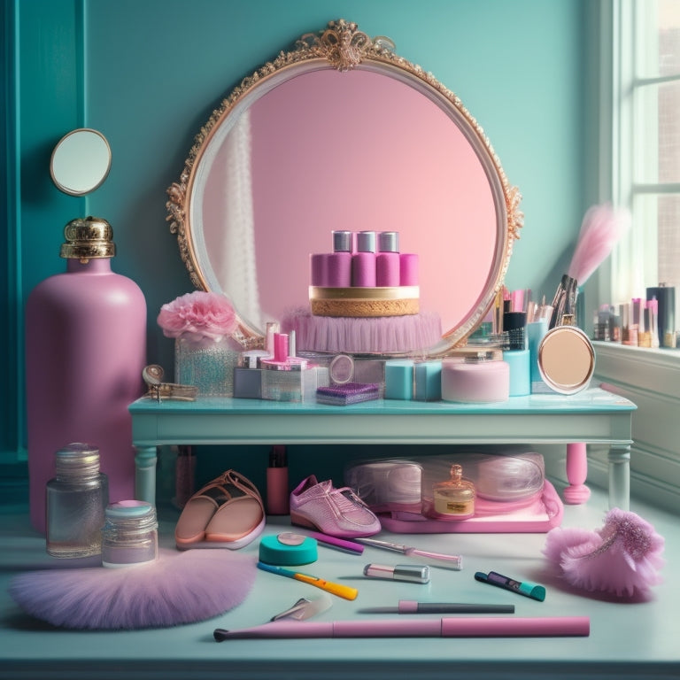 A whimsical, pastel-colored illustration of a dancer's vanity, cluttered with an assortment of makeup brushes, palettes, and products, surrounded by ballet shoes, tutus, and spotlight-lit mirrors.