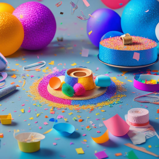 A vibrant illustration featuring a colorful dance floor with confetti and balloons, surrounded by various craft supplies like scissors, glue, and colorful paper scraps.