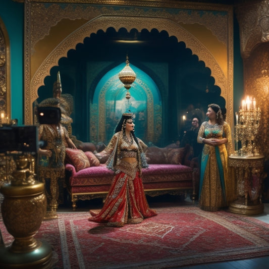 A colorful, ornate Middle Eastern-inspired background with a large, ornate mirror reflecting a belly dancer in mid-performance, surrounded by editing screens and video equipment.