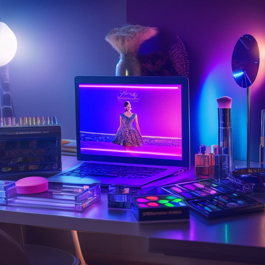 A glamorous, spot-lit makeup station with a laptop and tablet displaying digital products, surrounded by dance-inspired makeup brushes, colorful eyeshadows, and a few dance shoes in the background.