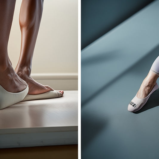 A split-screen image featuring a ballet dancer's foot in a stretcher on one side, and a foot without a stretcher on the other, both in a serene, minimalist background.