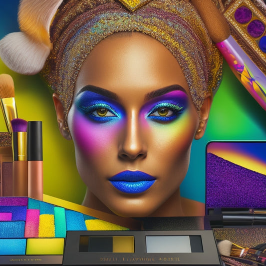 A colorful, stylized illustration of a dancer's face, split-screen with a laptop displaying a virtual makeup tutorial, surrounded by various makeup brushes, palettes, and mirrors.