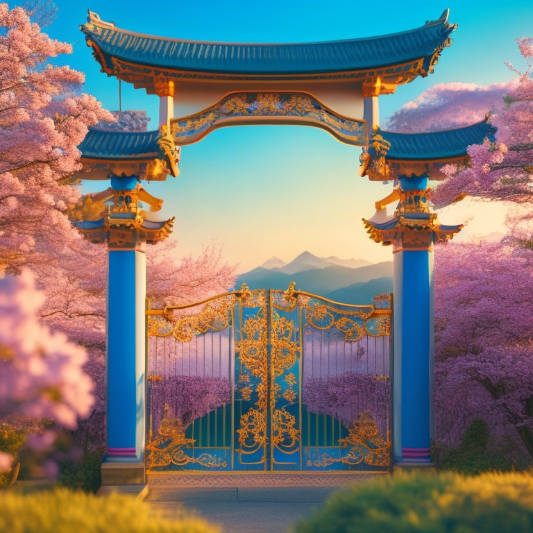 A vibrant, ornate Japanese-style gate adorned with cherry blossoms and golden accents, set against a soft, gradient blue background with subtle, swirling clouds.