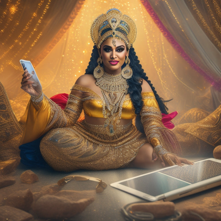 A vibrant, golden-hued illustration of a confident belly dancer in a flowing, beaded costume, surrounded by laptops, smartphones, and social media icons, amidst a whirlwind of swirling veils and digital sparks.