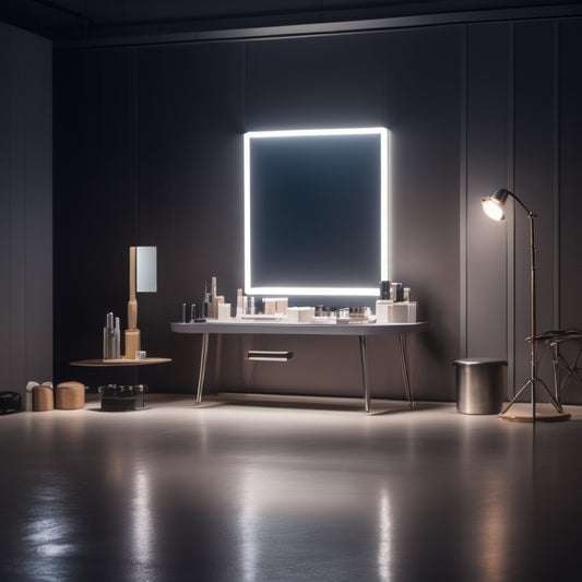 A minimalist, dimly lit dance studio with a vanity in the center, surrounded by makeup brushes, palettes, and mirrors, illuminated by a single, soft spotlight.