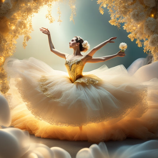 A whimsical illustration of a delicate ballerina in a flowing white tutu, surrounded by soft, golden lighting and gentle, swirling patterns, set against a creamy, ivory background.