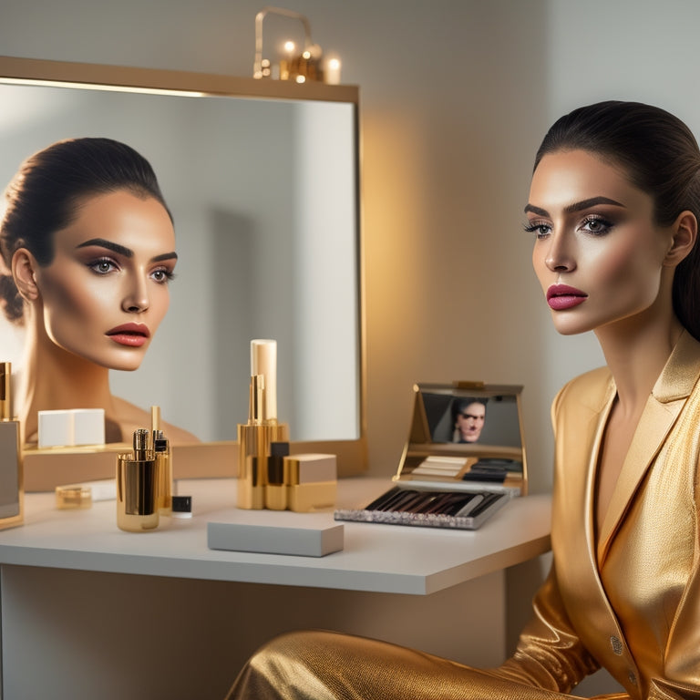 A soft, golden-lit beauty studio with a sleek, minimalist aesthetic, featuring a stunning model seated in front of a vanity, surrounded by various makeup products and a tablet with a digital form on the screen.