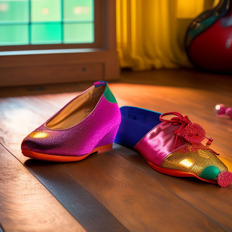 A close-up of elegant dance shoes featuring cushioned ankle support, showcasing a dancer mid-pose on a wooden studio floor, with soft lighting highlighting the shoe's texture and stability, surrounded by colorful dance accessories.