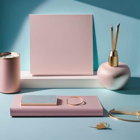 A minimalist desk with a leather-bound journal, a pair of ballet shoes, and a few colorful pens, set against a soft, pastel-colored background with subtle dance-inspired patterns.