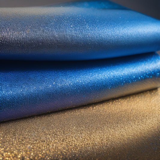 A close-up view of various glitter fabrics, showcasing shimmering textures in vibrant colors like gold, silver, and deep blue, layered artistically with light reflecting off their surfaces, creating a dazzling, sparkling effect.