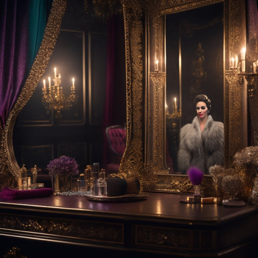A dimly lit, ornate dressing room mirror reflecting a partially transformed face, with brushes, sponges, and colorful makeup scattered around, amidst a backdrop of velvet drapes and twinkling stage lights.