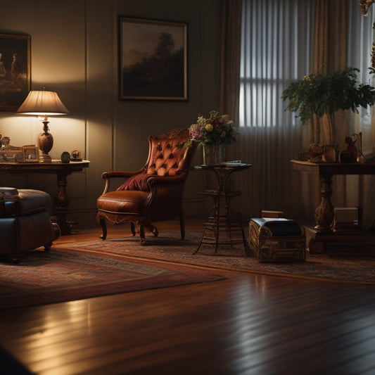 A dimly lit home living room with a single chair, a mirror, and a pair of dancing shoes placed in the middle of the floor, surrounded by scattered music sheets and paused music players.
