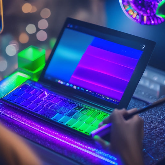 A spotlight-lit, close-up shot of a makeup artist's hands holding a makeup brush, surrounded by colorful palettes and mirrors, with a blurred-out laptop screen in the background, displaying a dance-inspired makeup tutorial.