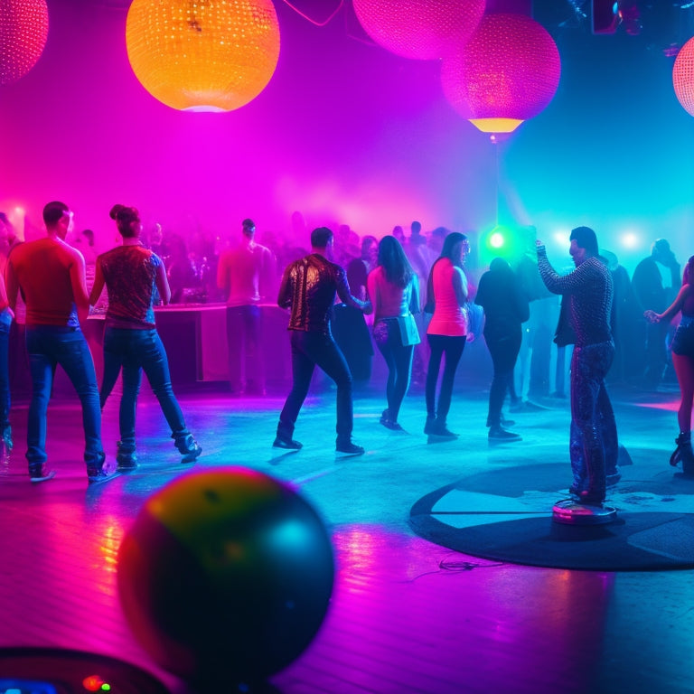 A neon-lit dance floor filled with people dancing in low-rise jeans, crop tops, and flip phones, surrounded by disco balls, lava lamps, and a DJ spinning vinyl records.