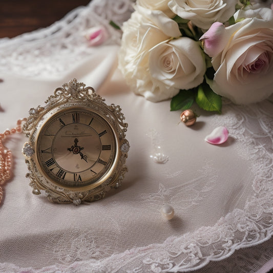 A delicate, lace-trimmed wedding veil lies draped over a vintage clock, surrounded by scattered rose petals, a pearl necklace, and a small, leather-bound wedding planner.