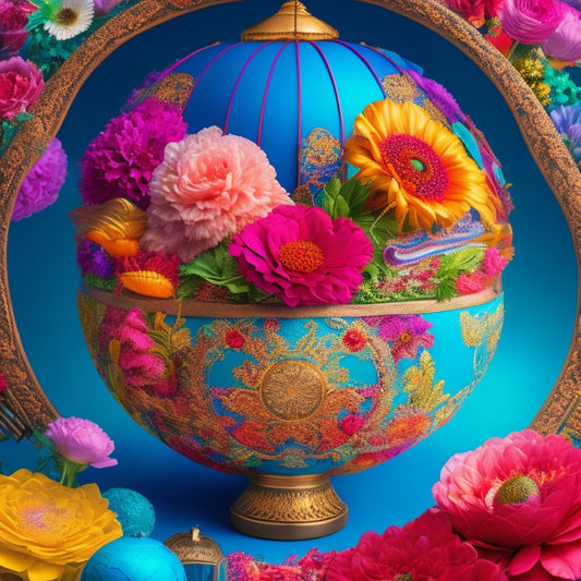 A vibrant, whimsical illustration of a globe surrounded by swirling silk fabrics, traditional Chinese instruments, and ornate fans, with bursts of colorful flowers and lanterns radiating outward.