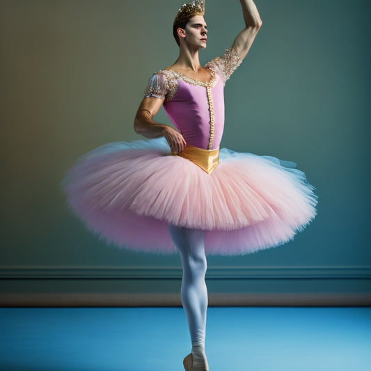 A whimsical illustration of a male ballet dancer in a tutu, standing en pointe, with a subtle hint of a protective cup visible under the costume, set against a soft, pastel-colored background.