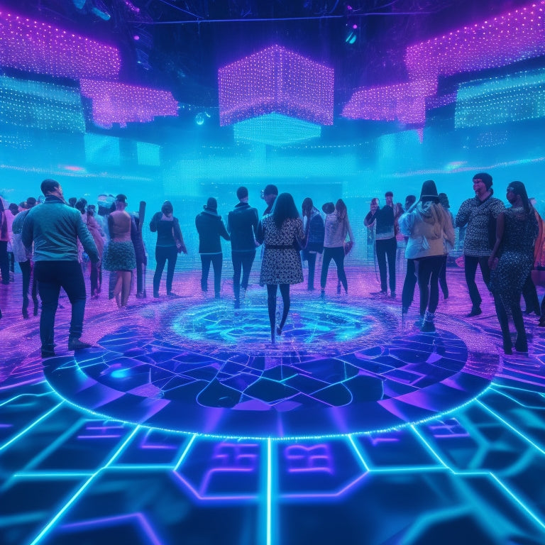 A futuristic dance floor with neon lights and holographic projections, surrounded by avatars and virtual reality headsets, with a subtle grid of digital tickets and QR codes hovering above the crowd.