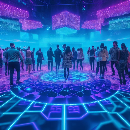 A futuristic dance floor with neon lights and holographic projections, surrounded by avatars and virtual reality headsets, with a subtle grid of digital tickets and QR codes hovering above the crowd.