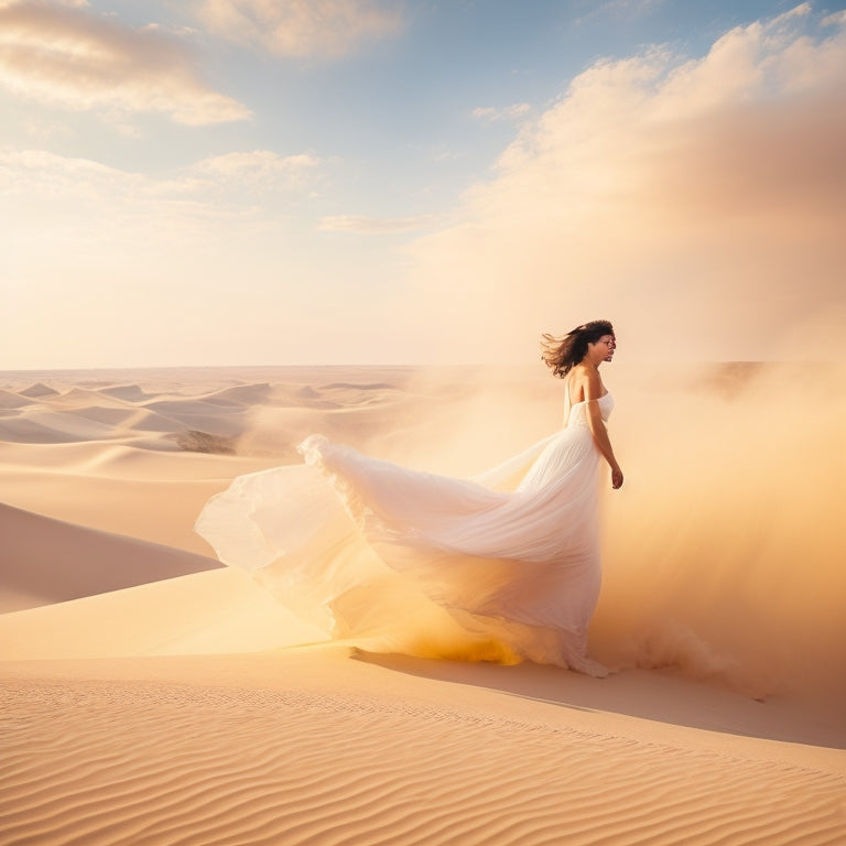 A serene, dreamy landscape featuring swirling clouds in shades of peach and mauve, set against a warm, golden sandy dune, with a lone, ethereal dancer in flowing white, lost in motion.