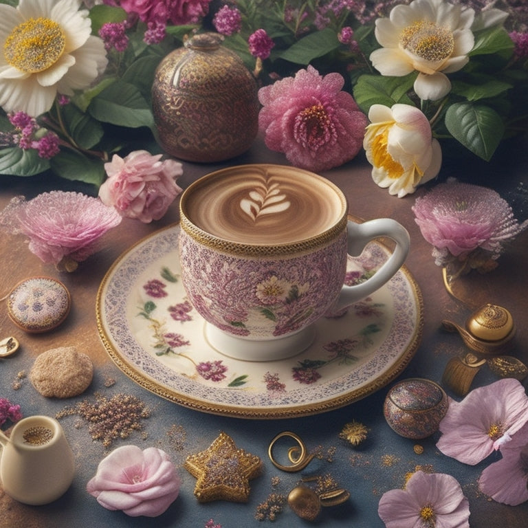 A whimsical illustration featuring a steaming cup of coffee with swirling cream patterns, surrounded by scattered sheets of music, blooming flowers, and intricate tile designs.
