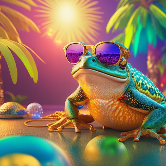 A vibrant illustration featuring a stylized, neon-lit frog in shades, wearing a gold chain and sunglasses, dancing in front of a retro-patterned background with disco balls and palm trees.