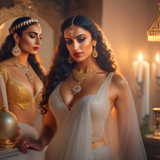 A serene, warmly lit studio with a beginner belly dancer in a flowing white skirt, standing in front of a mirror, with a few Middle Eastern-inspired props, surrounded by soft, golden lighting.