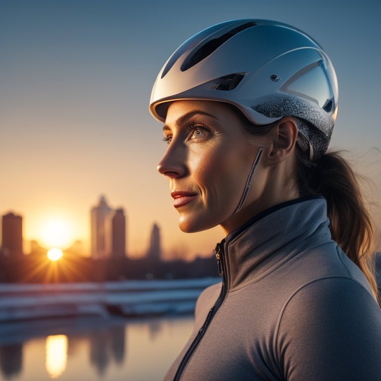 A serene, fit woman in her 30s, wearing a helmet and holding ice skates, stands in front of a subtle cityscape at sunset, with a faint outline of a smaller, slimmer silhouette in the background.