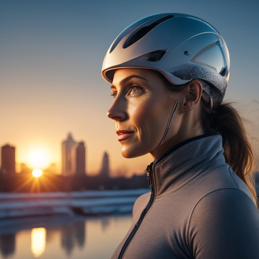 A serene, fit woman in her 30s, wearing a helmet and holding ice skates, stands in front of a subtle cityscape at sunset, with a faint outline of a smaller, slimmer silhouette in the background.