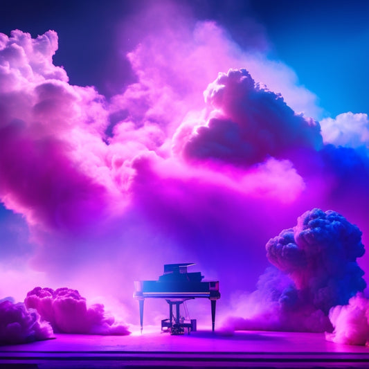 A vibrant, neon-lit stage with a grand piano at center, surrounded by swirling clouds of pink and blue smoke, with a single, long, gloved arm extending from the wings, grasping a microphone.