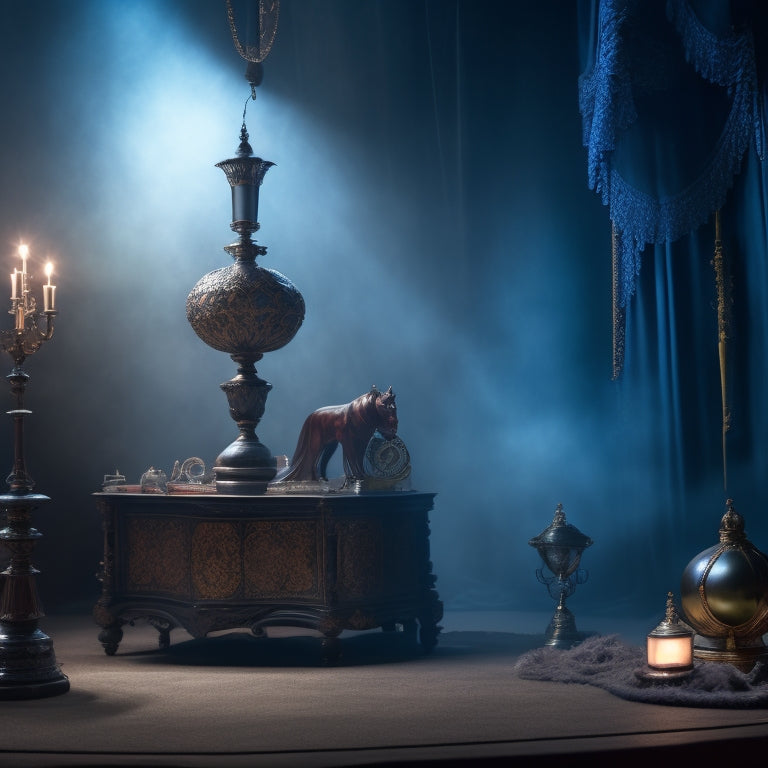 A dimly lit, velvet-draped theater stage with various props scattered around, including a glowing crystal orb, a vintage clockwork mechanism, and a intricately carved wooden mask, surrounded by spotlights and fog.