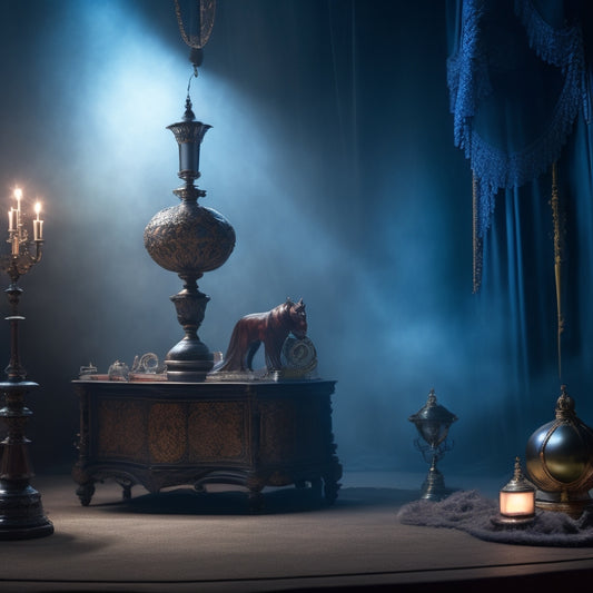 A dimly lit, velvet-draped theater stage with various props scattered around, including a glowing crystal orb, a vintage clockwork mechanism, and a intricately carved wooden mask, surrounded by spotlights and fog.