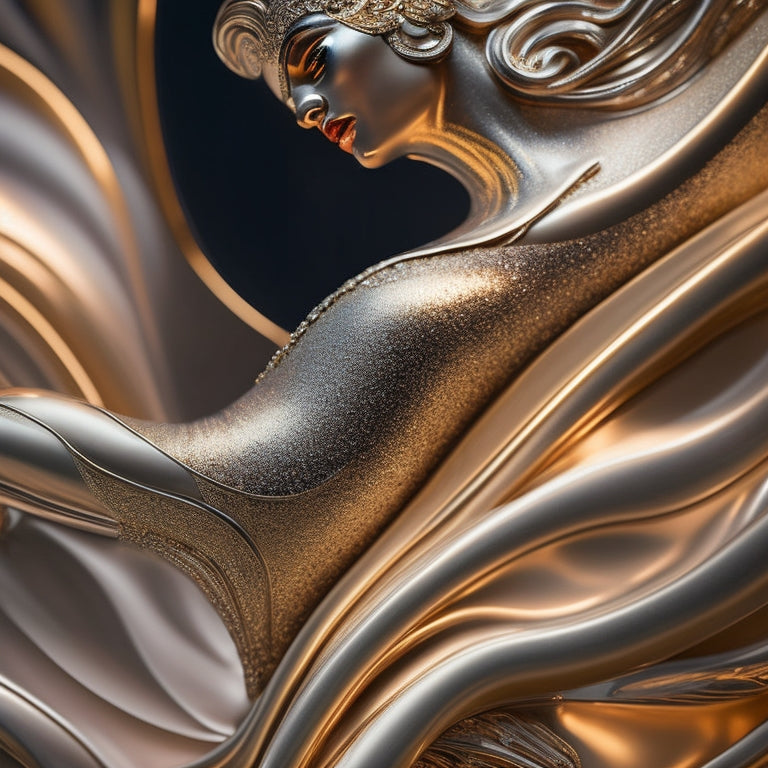 A close-up of a metal print, "Dancer 5", depicting a dynamic, abstract female figure in shades of silver, gold, and copper, surrounded by swirling metallic patterns and subtle gradient effects.