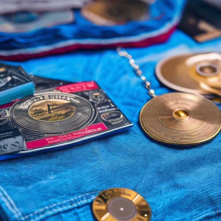 A close-up of a shiny, metallic hip-hop themed enamel pin on a worn, vintage denim jacket, surrounded by scattered vinyl records, cassette tapes, and Polaroid photos of hip-hop legends.