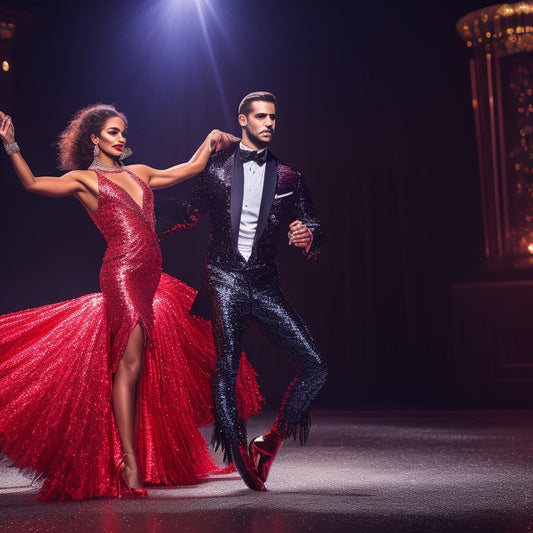 A vibrant scene showcasing elegant rumba costumes: a dazzling red sequined dress with flowing fringes, a sleek black tuxedo with a satin lapel, and sparkling dance shoes, all set against a dramatic spotlight backdrop.