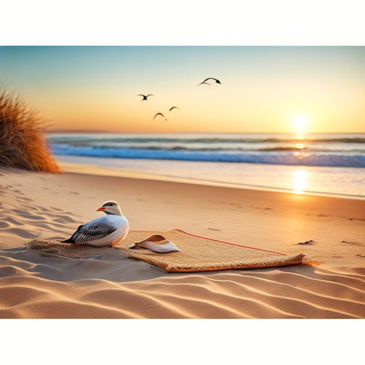 A serene, golden-lit beach scene at dawn, with gentle waves and a few seagulls flying in the distance, featuring a elegant, ornate, customizable invitation lying on a woven beach mat.