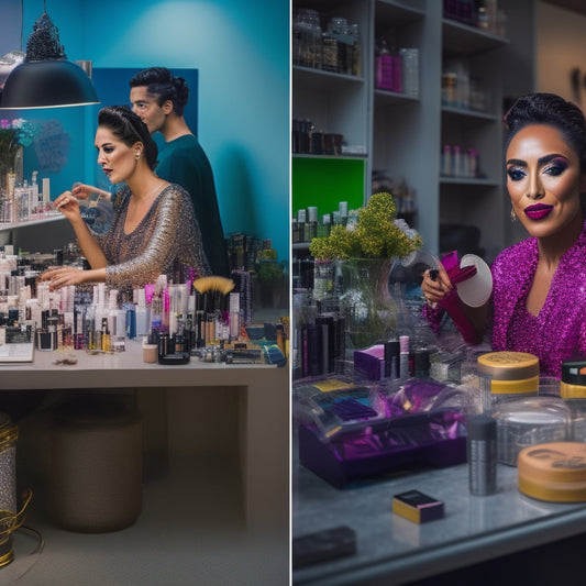 A split-screen image featuring a solo dance makeup artist surrounded by cluttered makeup stations and scattered beauty products, contrasted with a tidy, organized workspace shared by multiple artists collaborating and laughing together.