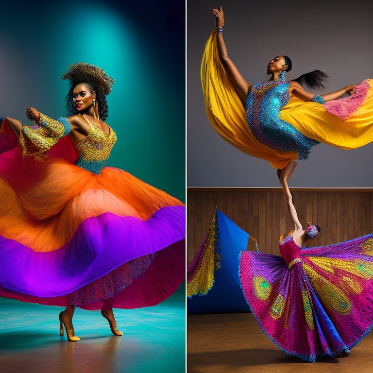 A vibrant dance studio filled with professional dancers showcasing a variety of stylish fusion dancewear. Each outfit blends colors and textures, featuring flowing fabrics, intricate patterns, and dynamic poses, radiating energy and creativity.