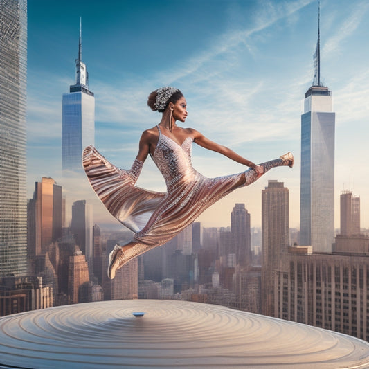 A stylized illustration of a dancer in motion, surrounded by swirling shapes and lines resembling choreographed movements, set against a subtle NYC cityscape background with iconic skyscrapers.