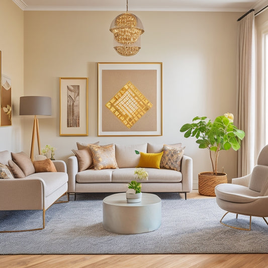 A modern, minimalist living room with a neutral color palette, adorned with eclectic decorative pieces, including a geometric-patterned rug, a minimalist chandelier, and a statement art piece above a sleek sofa.