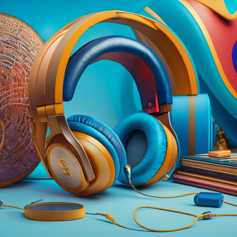 A stylized illustration of a pair of retro-style headphones wrapped around a rolled-up blueprint, surrounded by musical notes and abstract dance-inspired shapes in a vibrant color palette.