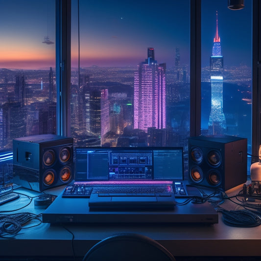 A dimly lit DJ booth with a laptop open on a sleek, silver table, surrounded by neon-lit DJ controllers, headphones, and cables, with a cityscape at dusk visible through the booth's windows.