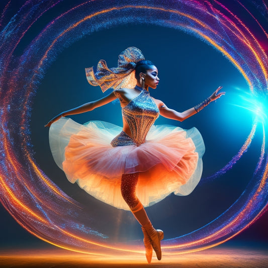 A stylized illustration of a dancer in motion, surrounded by swirling digital elements, such as glowing orbs, circuits, and Wi-Fi signals, blending traditional artistry with modern technology.