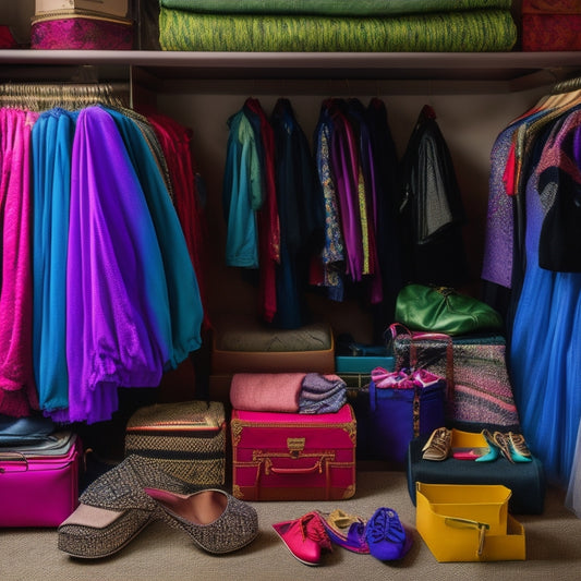 A colorful, cluttered dressing room with dance costumes, shoes, and accessories scattered around; a suitcase or bag open in the center, with folded and rolled costumes peeking out.