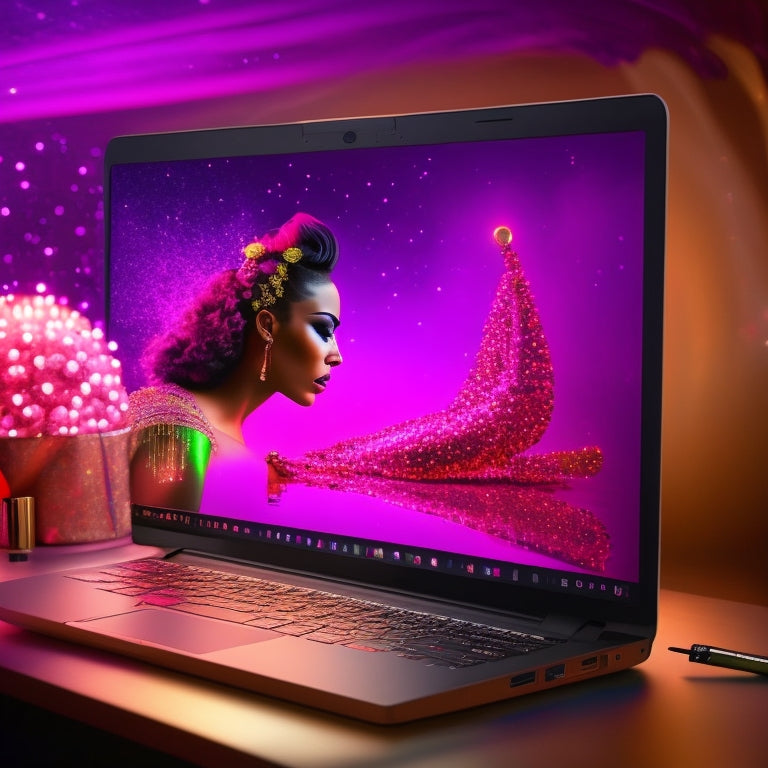 A whimsical illustration of a laptop with a split-screen display: a makeup artist applying sparkly eyeshadow on one side, and a dancing silhouette with colorful stage lights on the other.