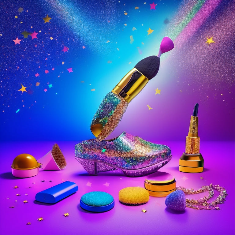 A colorful, stylized illustration of a makeup brush and a dancing shoe intertwined, surrounded by digital devices and cosmetic products, set against a bright, glittering background with confetti and stars.