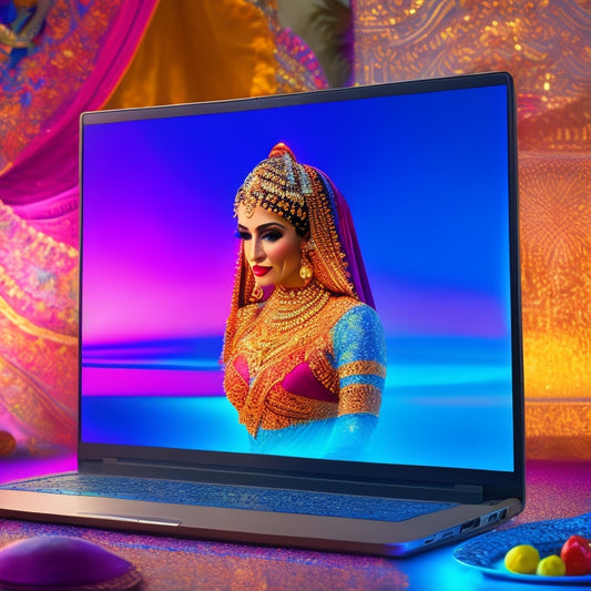 A colorful illustration featuring a laptop with a belly dancer silhouette on the screen, surrounded by intricate Middle Eastern patterns, with a subtle sparkle effect in the background.